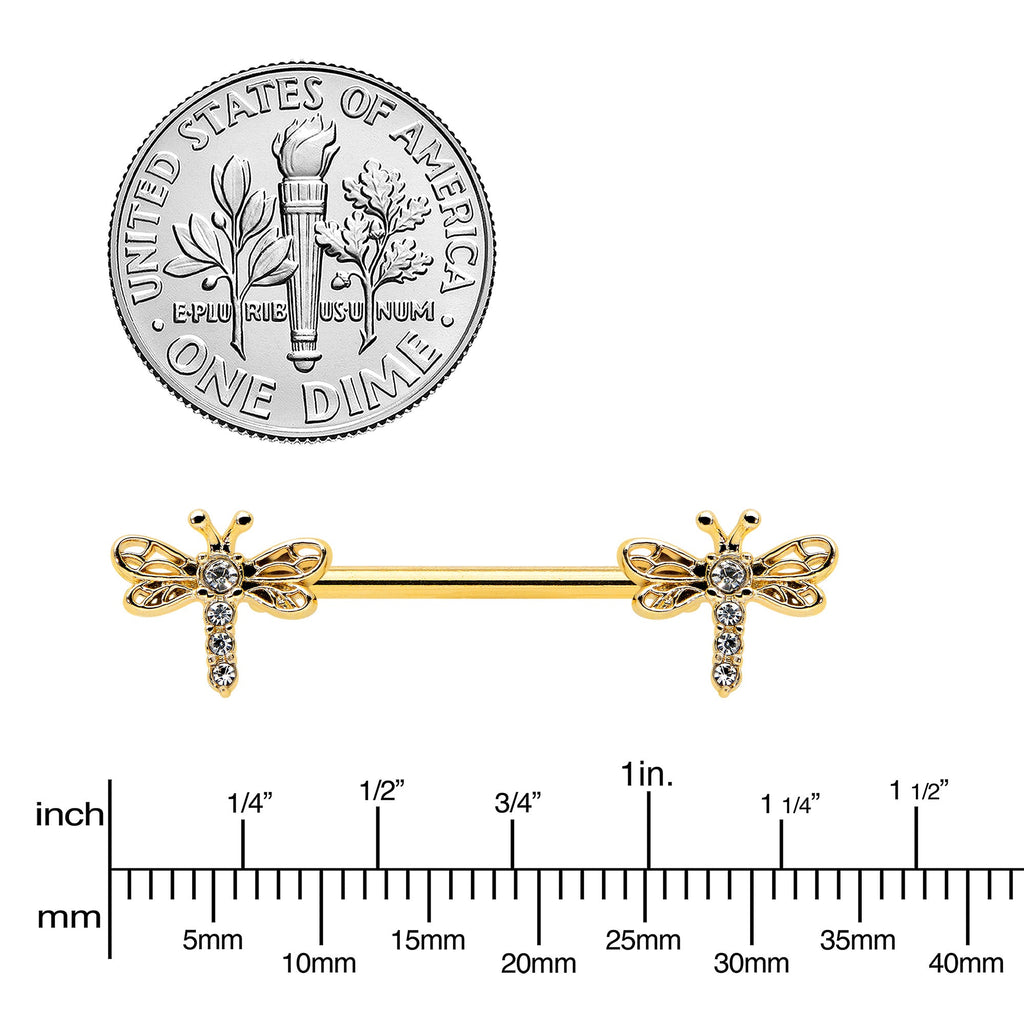 14G 9/16 Clear Gem Gold Tone Flying Dragonfly Nipple Ring Set