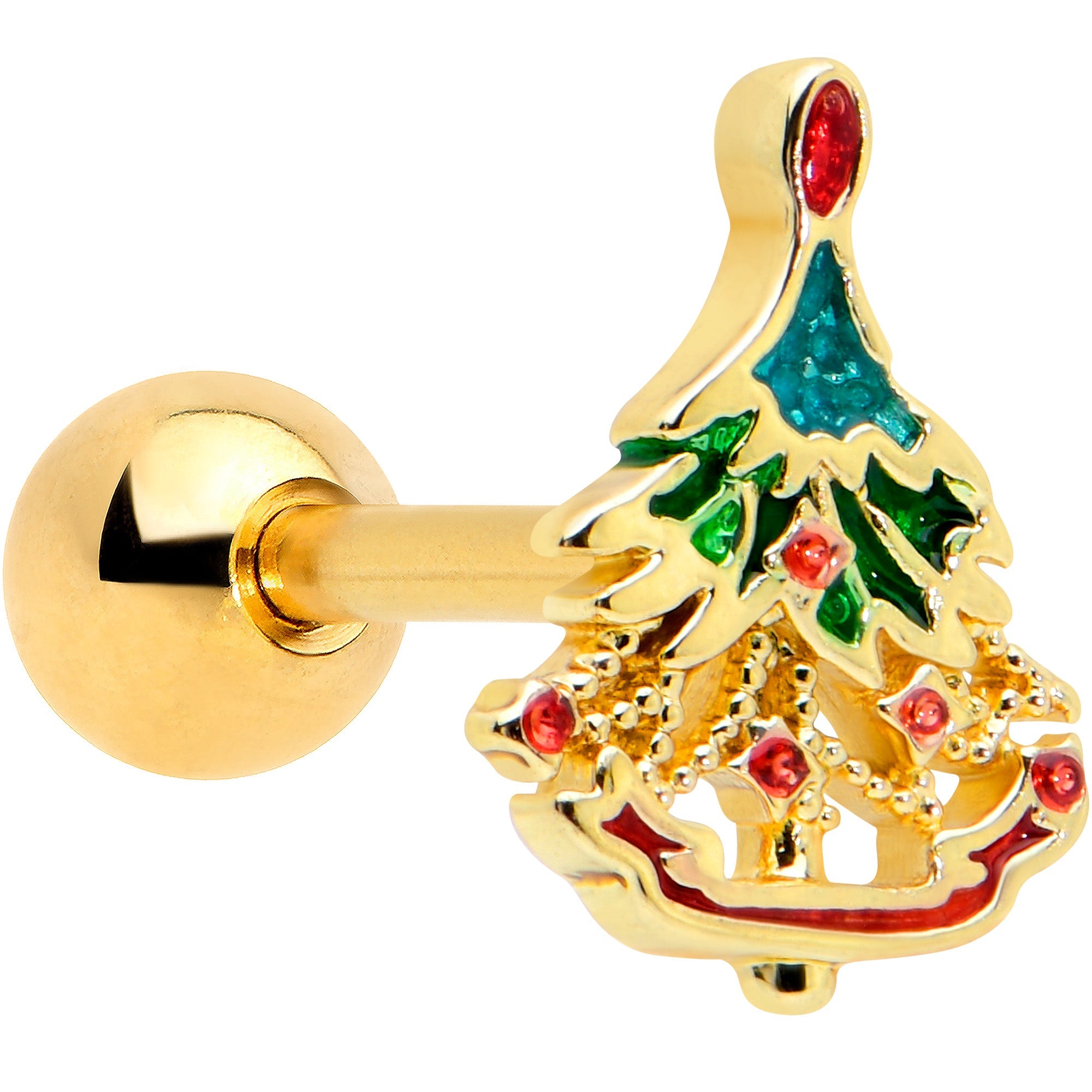 16G 1/4 Red Gem Gold Tone Deco Holiday Tree Cartilage Earring