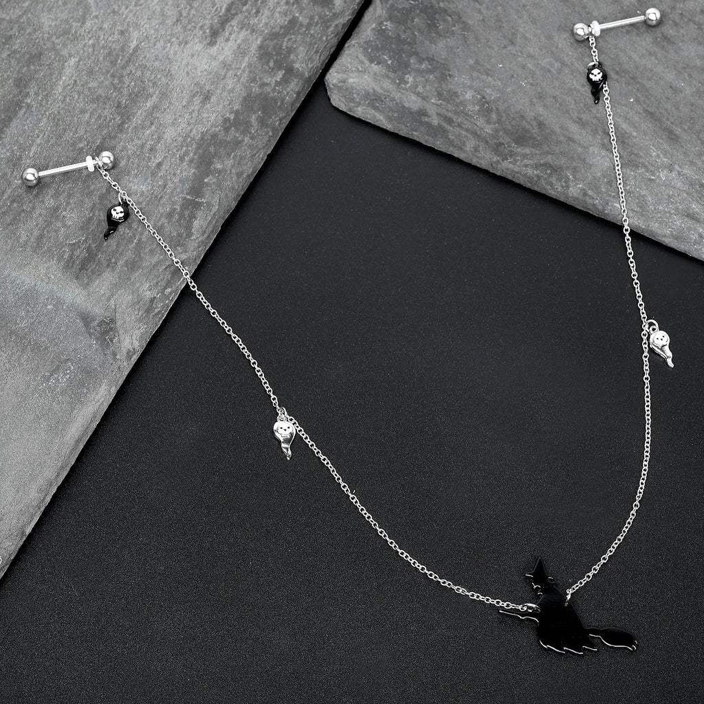 14G 9/16 Creepy Ghosts Witch Halloween Dangle Nipple Chain Set