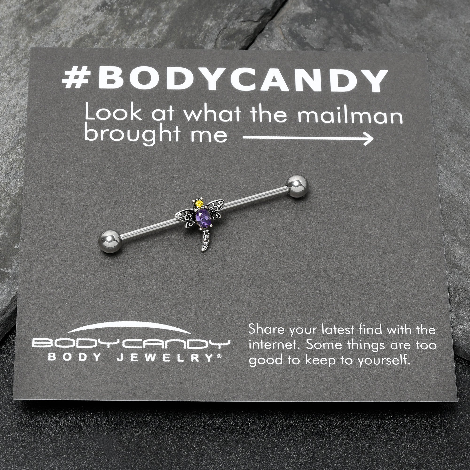 14G Purple Yellow Gem Dragonfly Industrial Barbell 38mm