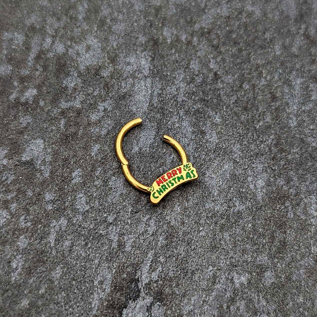 16G 3/8 Gold Tone Merry Christmas Inlay Hinged Segment Ring