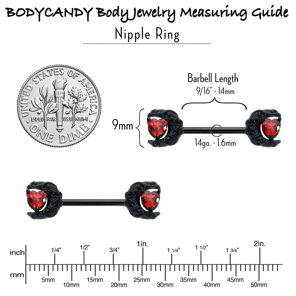 14G 9/16 Red CZ Gem Black Scroll Moon Heart Barbell Nipple Ring Set