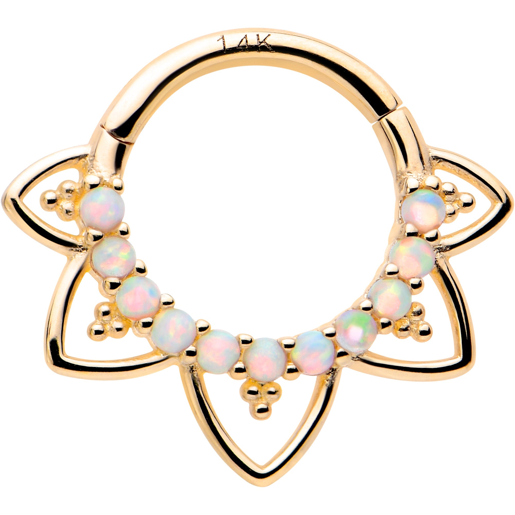 16G 5/16 White Synthetic Opal 14k Yellow Gold Filigree Hinged Segment Ring