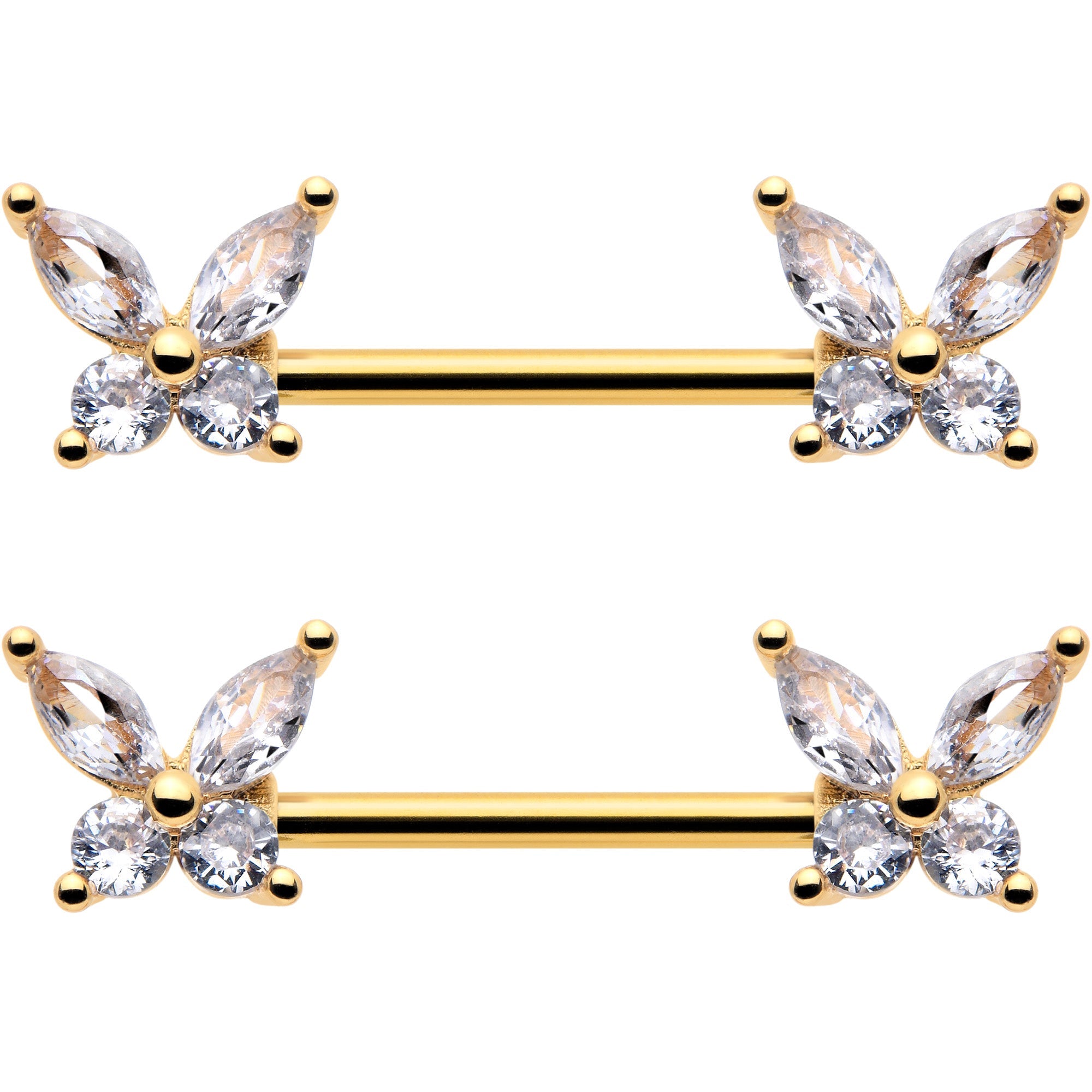 14G 9/16 Clear CZ Gem Gold Tone Butterflies Barbell Nipple Ring Set