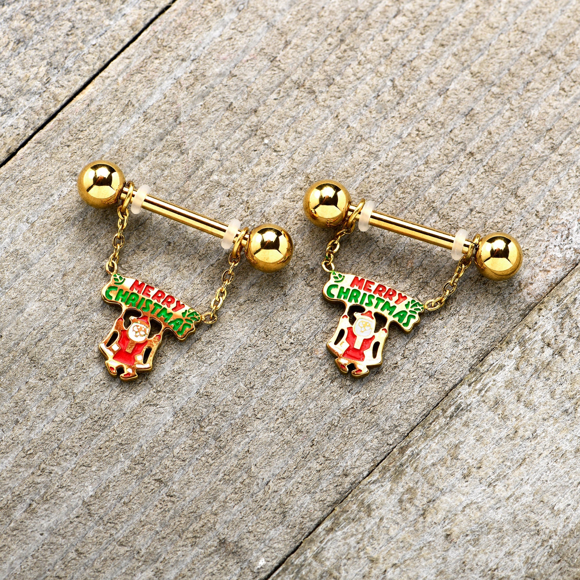 14G 9/16 Gold Tone Santa Merry Christmas Dangle Nipple Ring Set