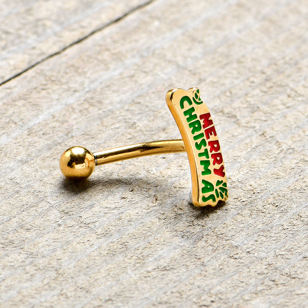 16G 5/16 Gold Tone Merry Christmas Inlay Curved Barbell Ring