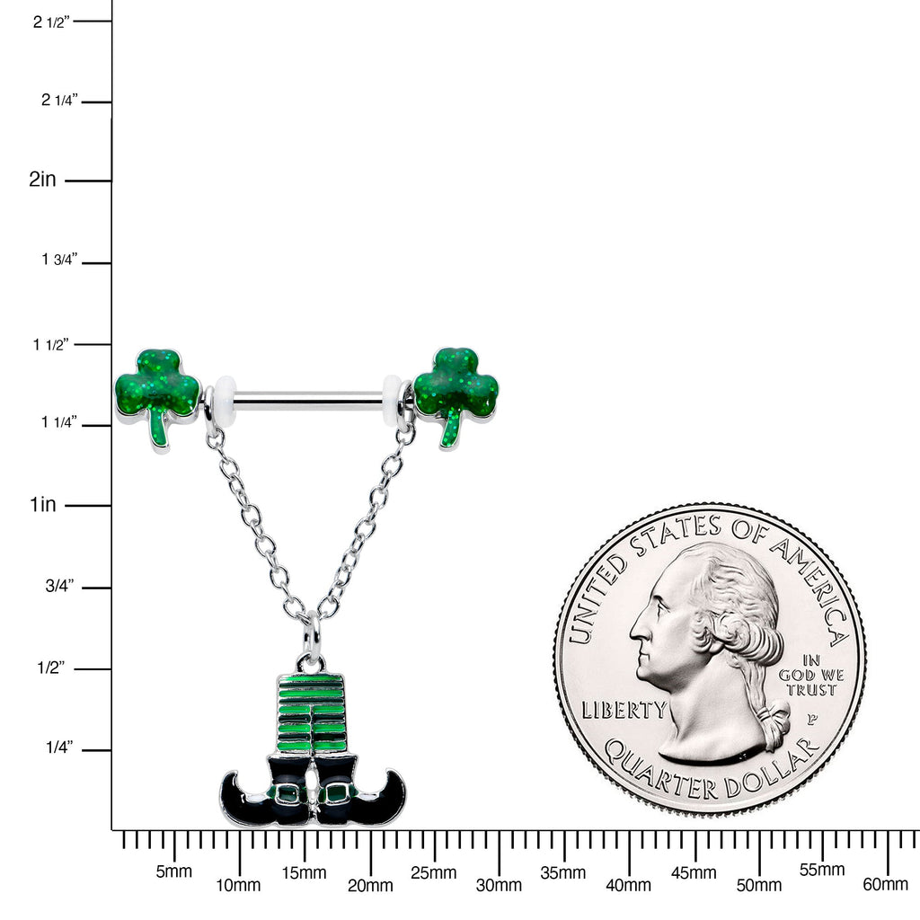 14G 11/16 Leprechaun Legs Shamrock Chain Dangle Nipple Ring Set