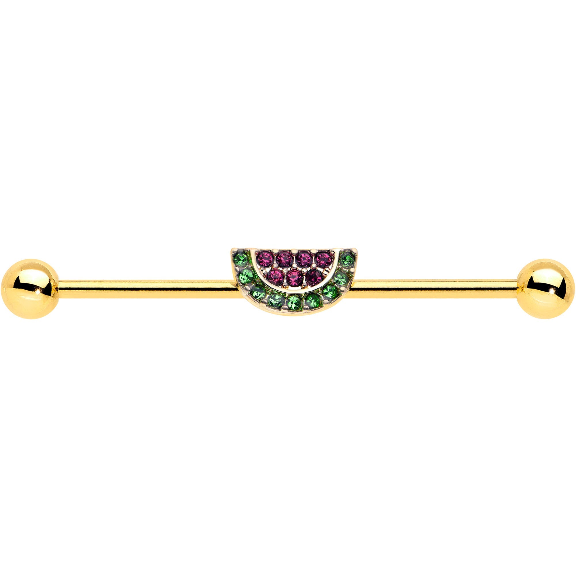 14G Pink Green Gem Gold Hue Watermelon Yum Industrial Barbell 38mm