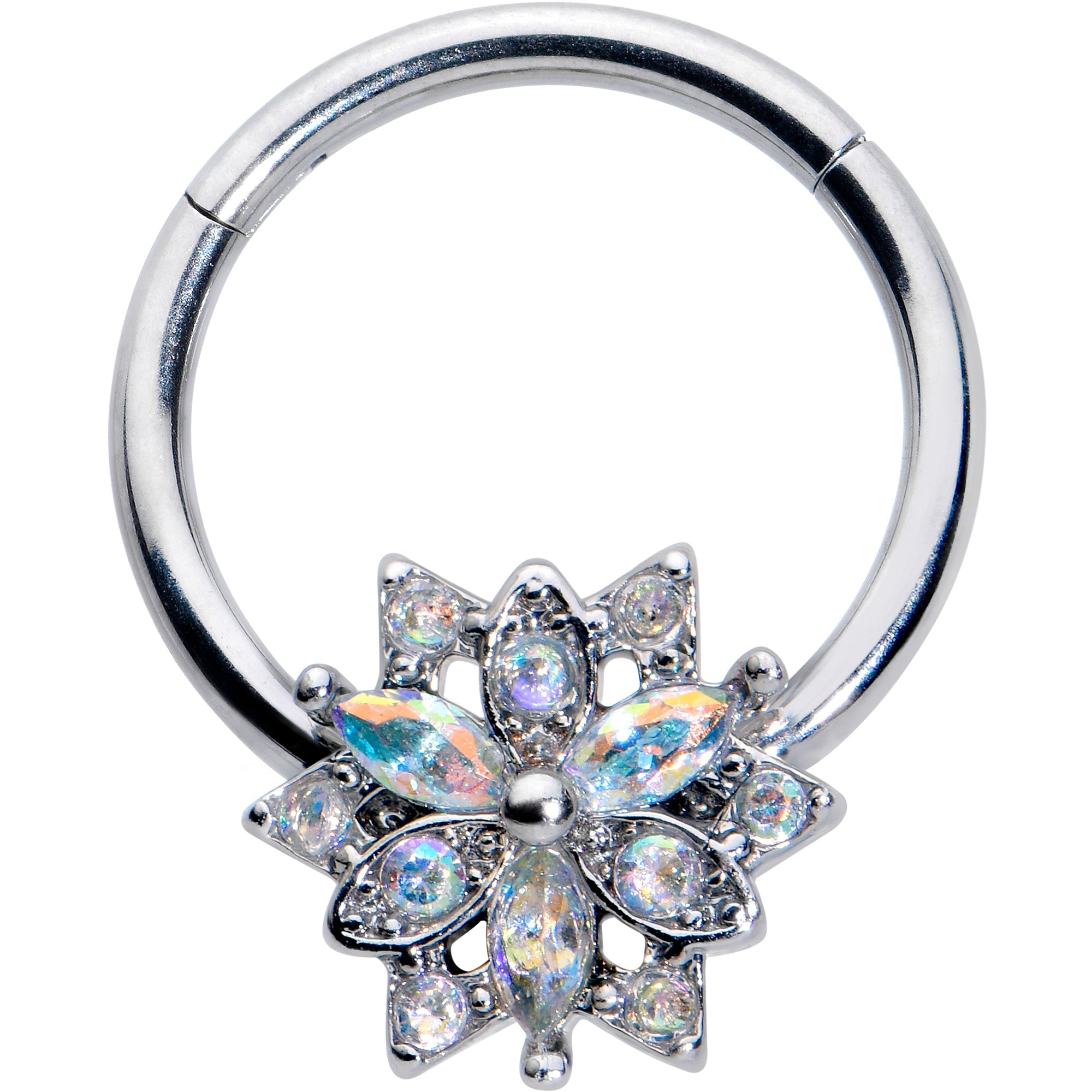 16G 3/8 Aurora CZ Gem Snowflake Style Hinged Segment Ring
