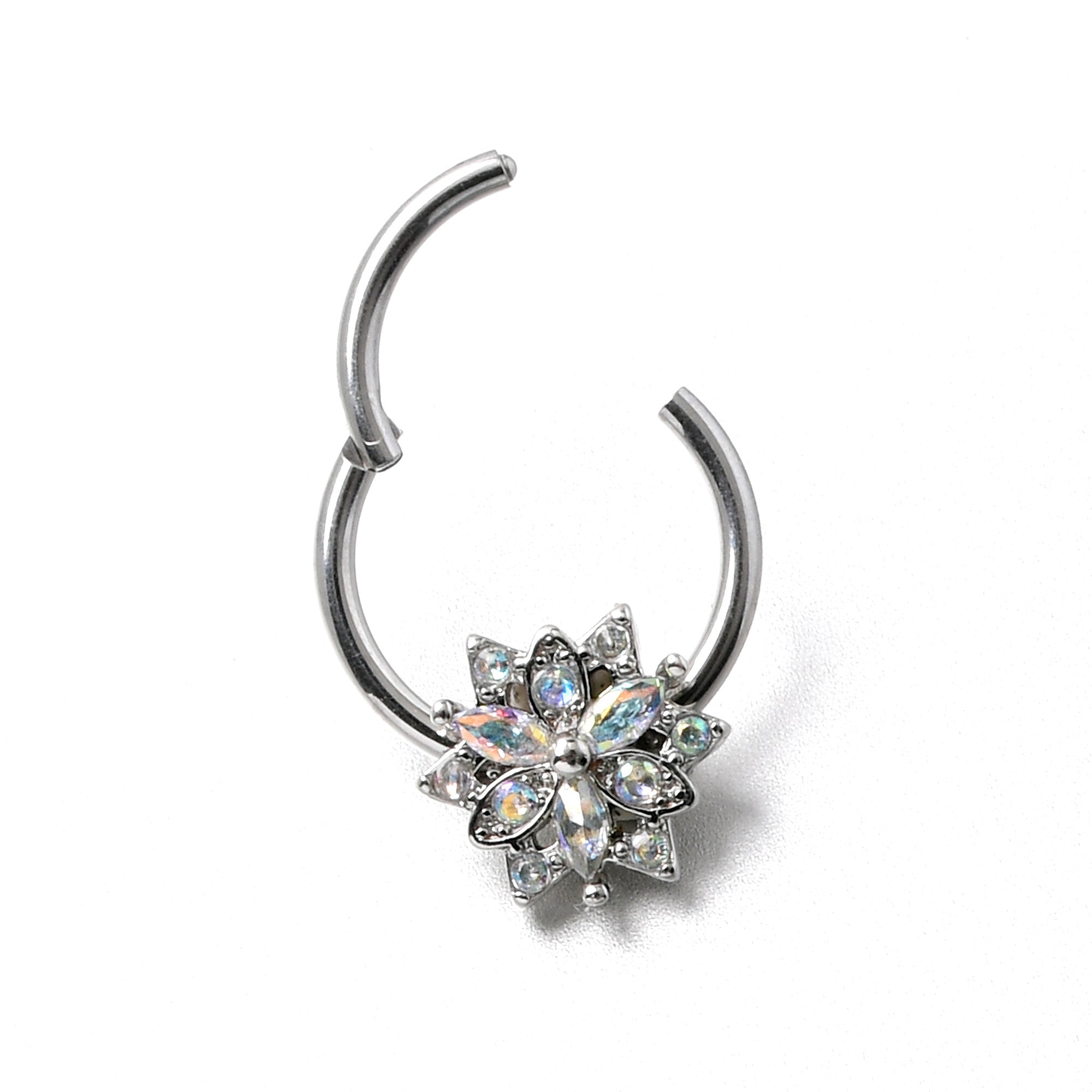 16G 3/8 Aurora CZ Gem Snowflake Style Hinged Segment Ring