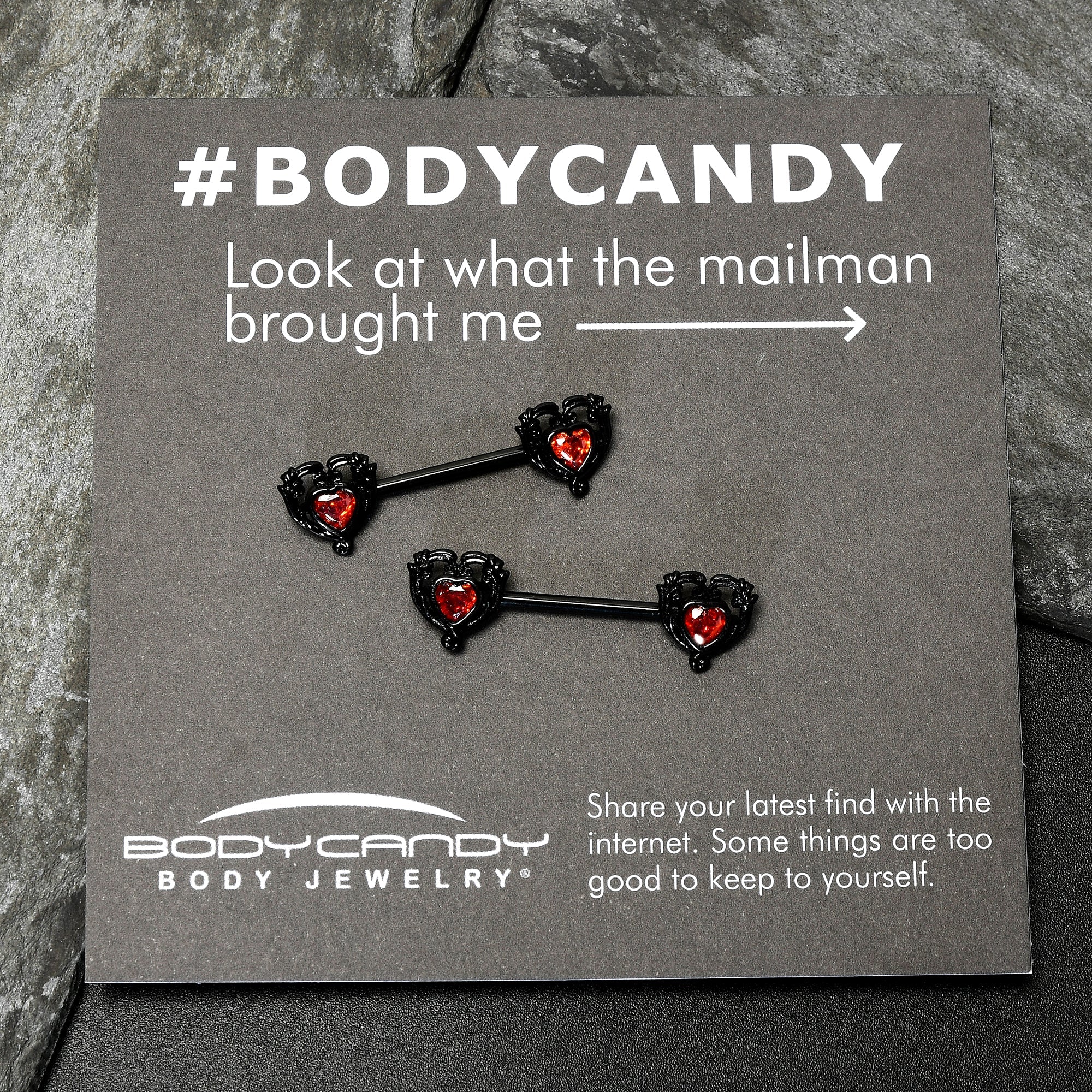 14G 9/16 Red CZ Gem Black Passion Heart Barbell Nipple Ring Set