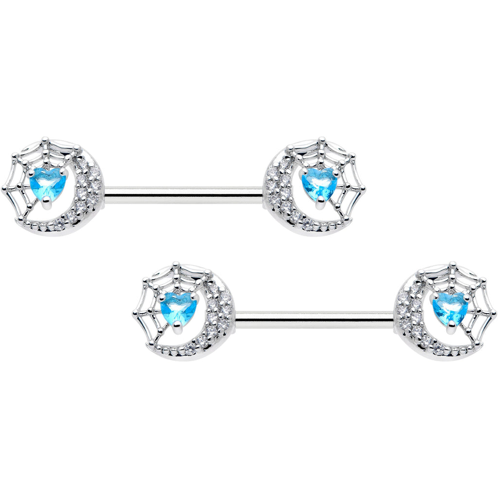 14G 9/16 Blue CZ Gem Heart Web Moon Barbell Nipple Ring Set