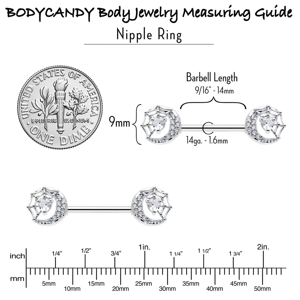 14G 9/16 Clear CZ Gem Heart Web Moon Barbell Nipple Ring Set