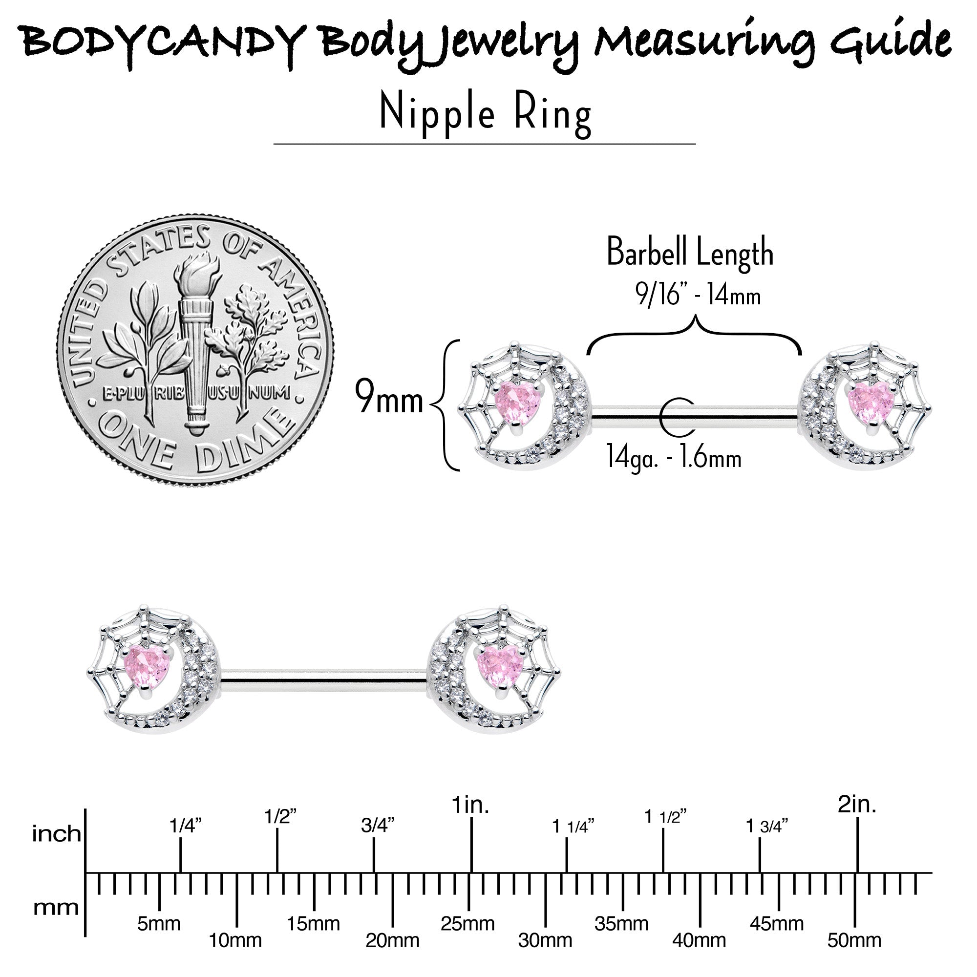 14G 9/16 Pink CZ Gem Heart Web Moon Barbell Nipple Ring Set