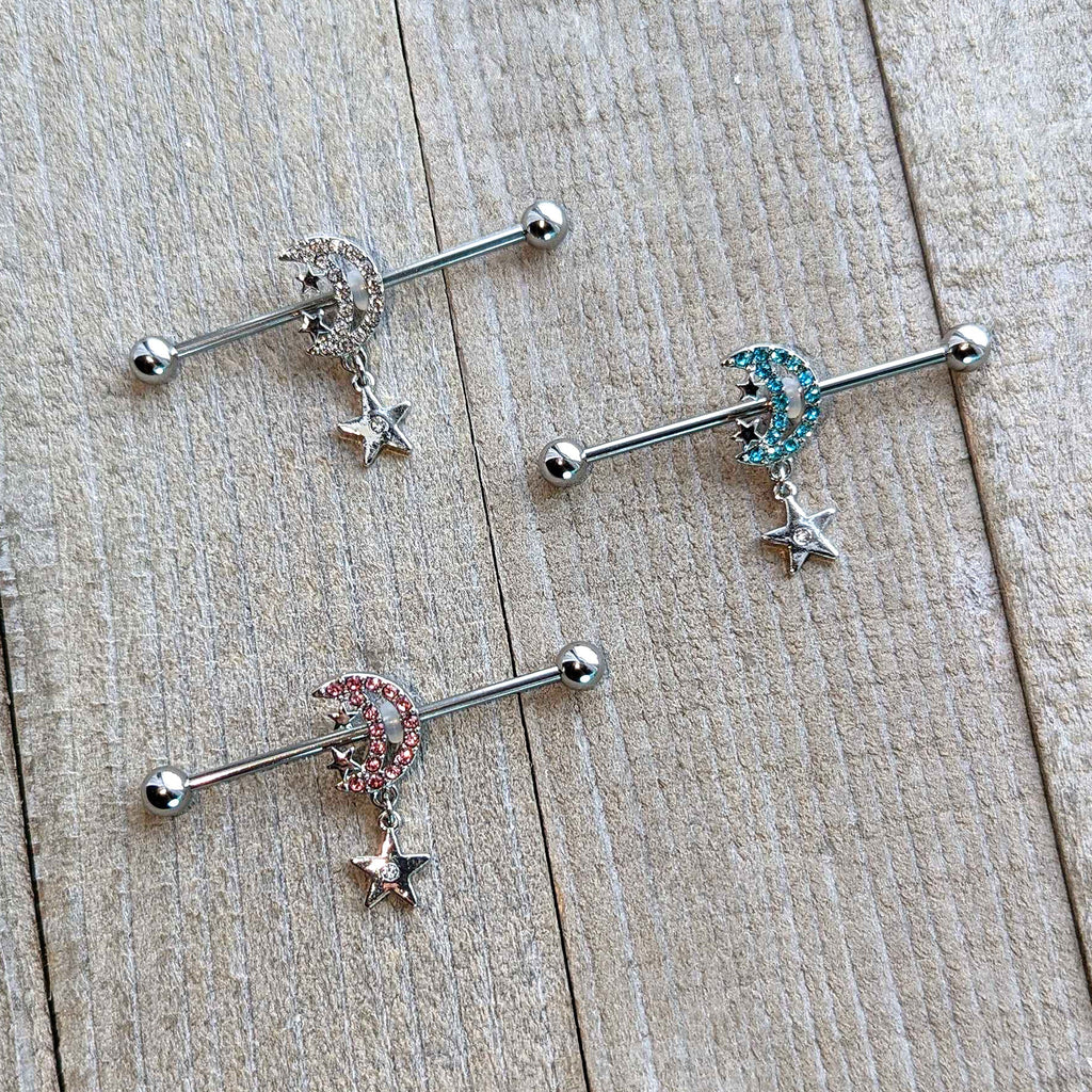 14G Clear CZ Gem Moon Dangle Star Industrial Barbell 38mm