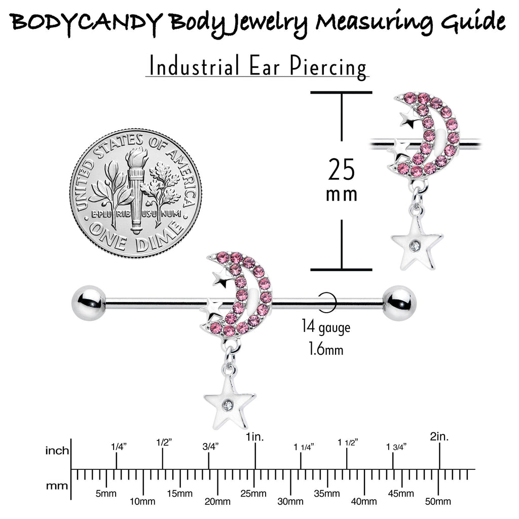 14G Pink CZ Gem Moon Dangle Star Industrial Barbell 38mm