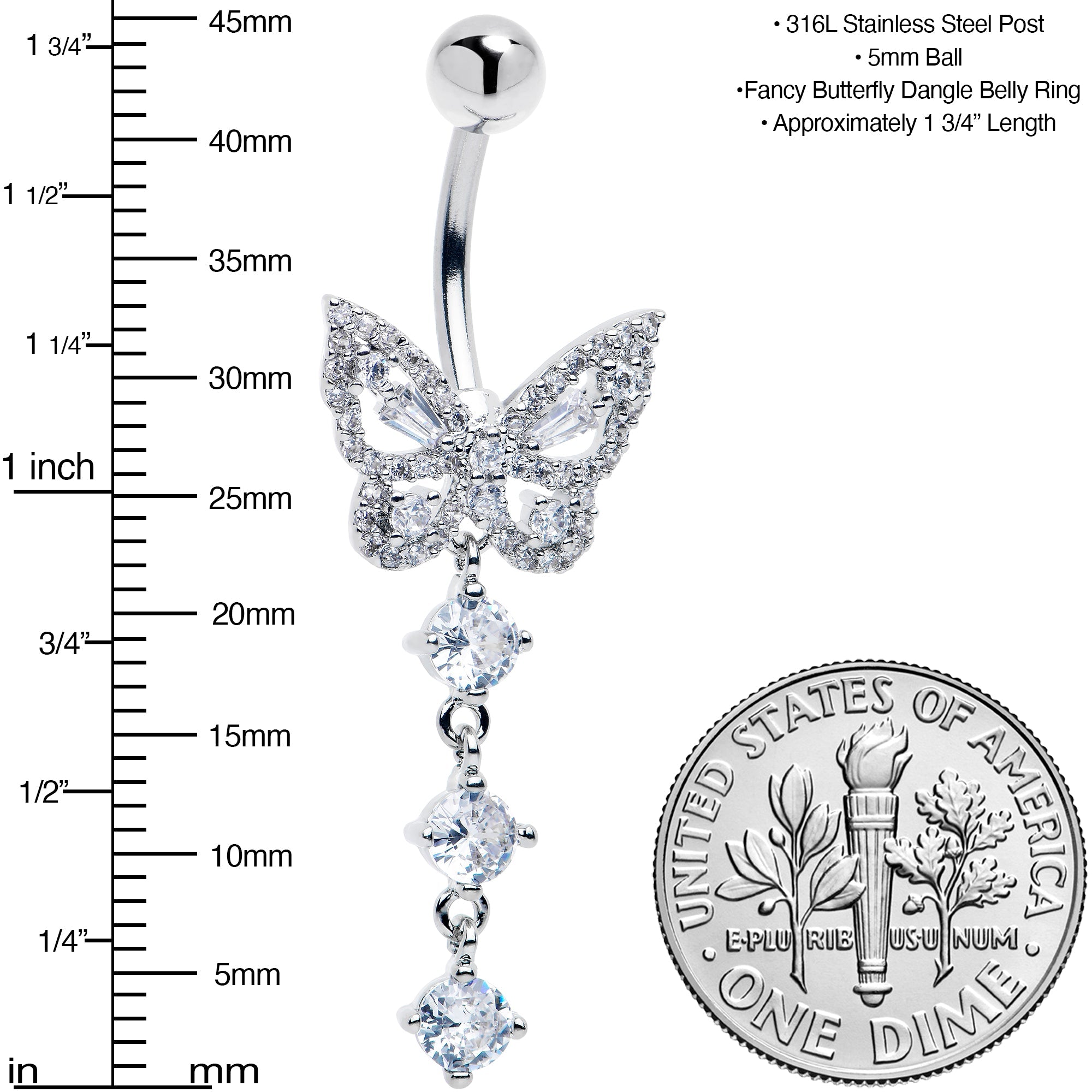 Clear Gem Dramatic Butterfly Dangle Belly Ring