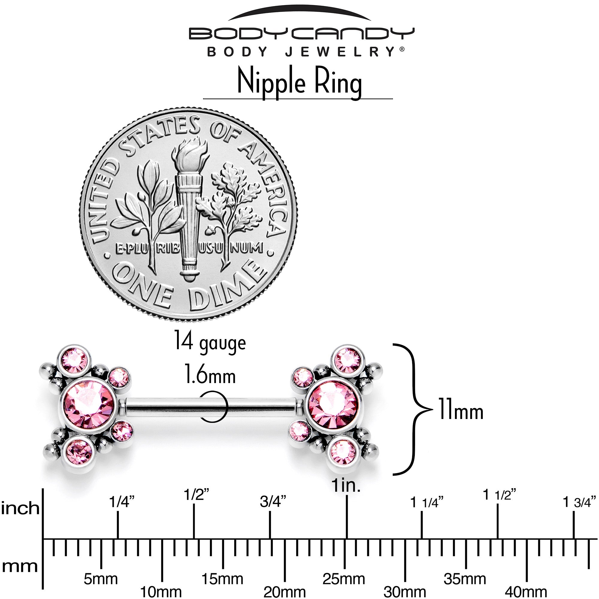 14G 9/16 Pink CZ Gem Circles Threadless Barbell Nipple Ring Set