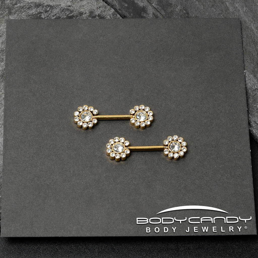 14G 9/16 Clear CZ Gem Gold Tone Flower Threadless Nipple Ring Set
