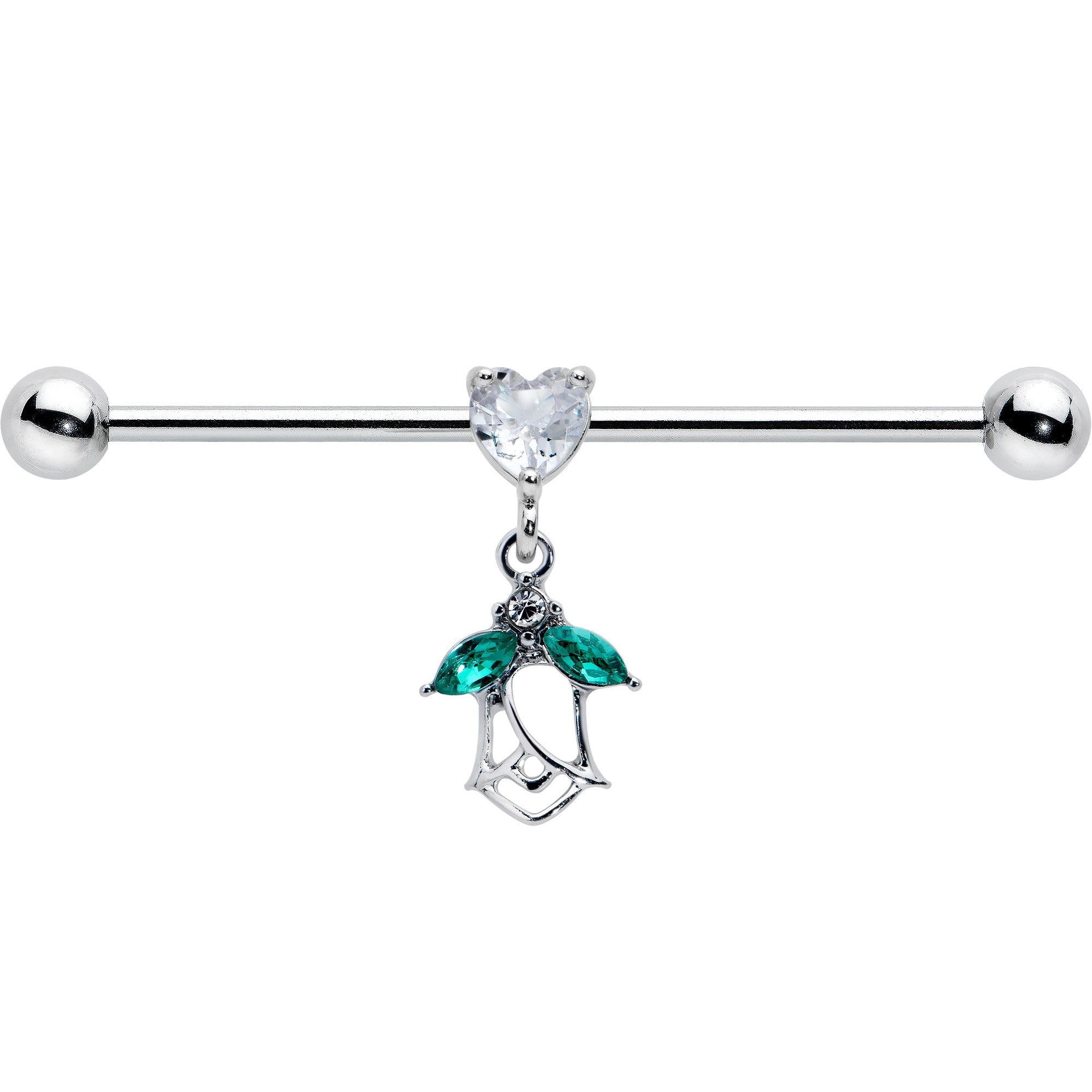 14G Clear CZ Gem Heart And Rose Dangle Industrial Barbell 38mm