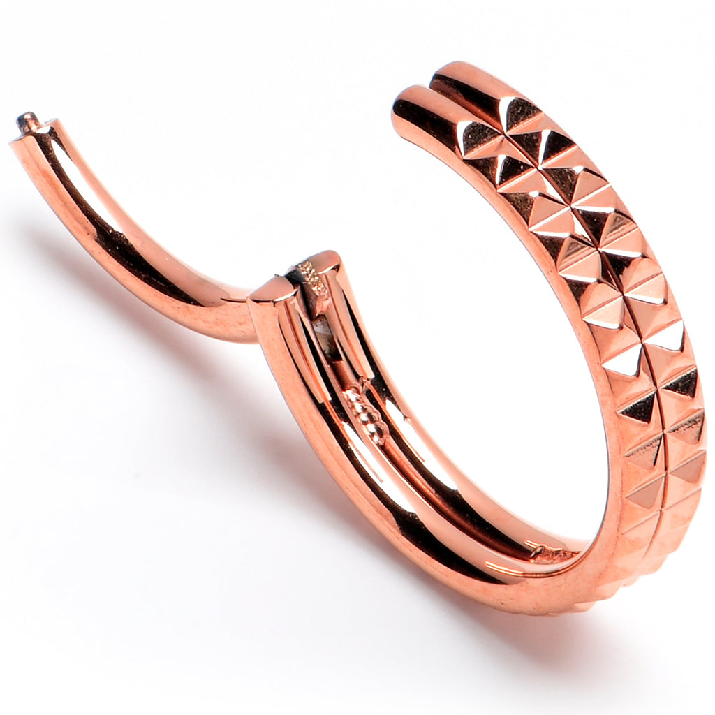 16G 3/8 Rose Gold PVD Pyramid Cut Double Hoop 316L Surgical Steel Hinged Segment Ring