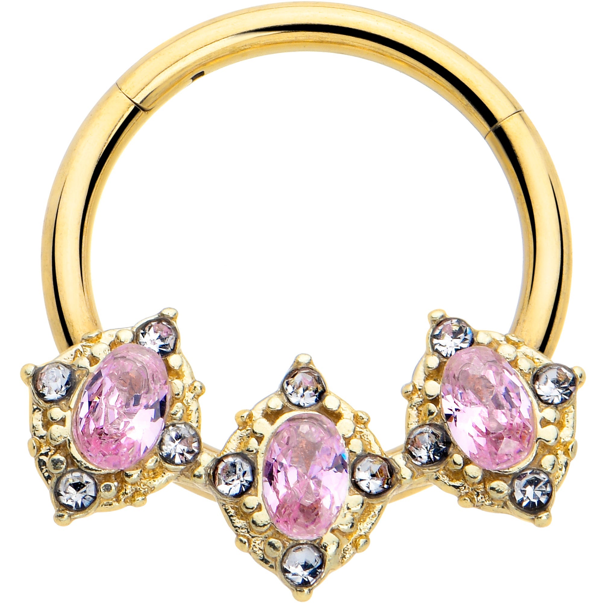 16G 3/8 Pink Tourmaline Gold Tone Wondrous Trio Hinged Segment Ring