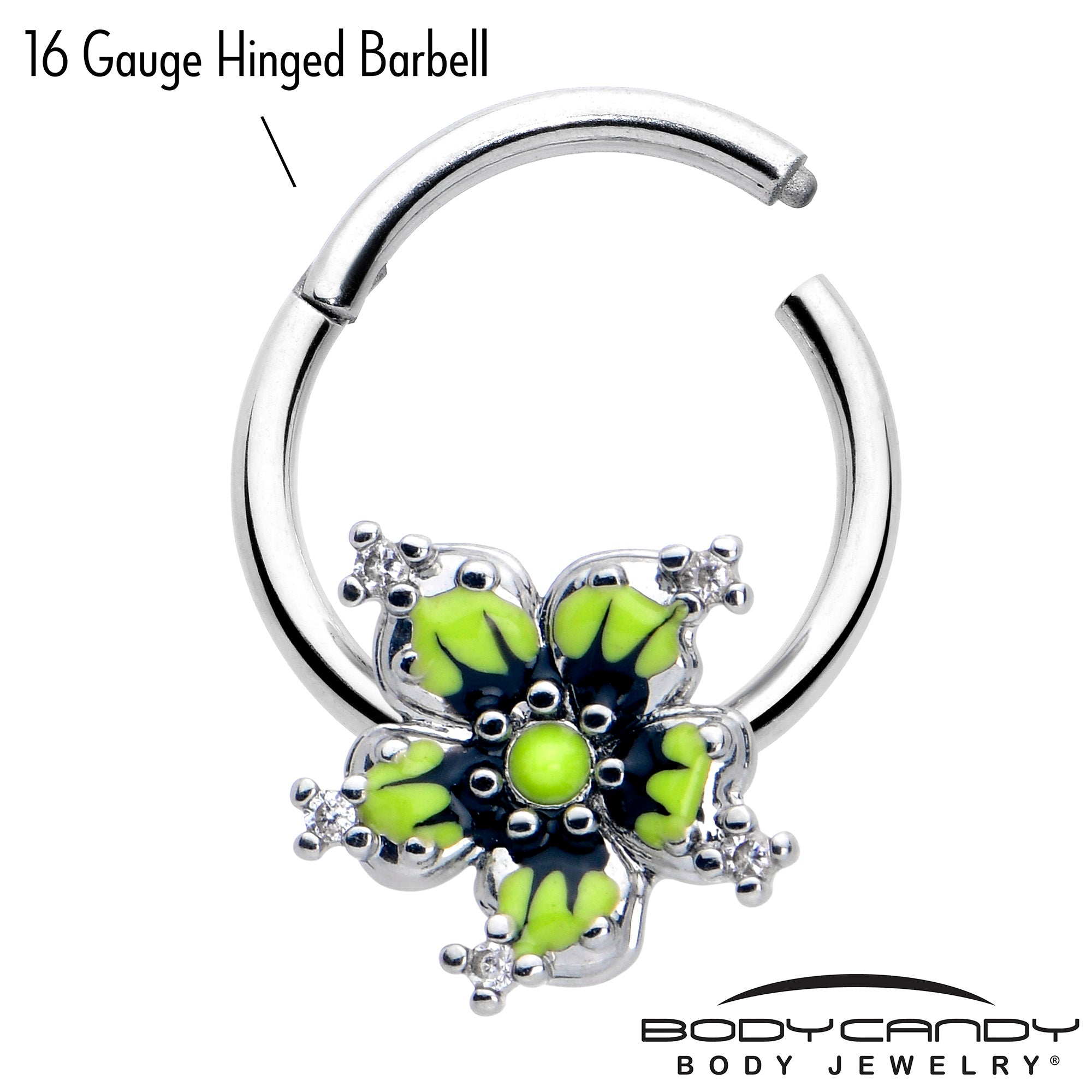 16G 3/8 Clear CZ Gem Go Green Flower Hinged Segment Ring