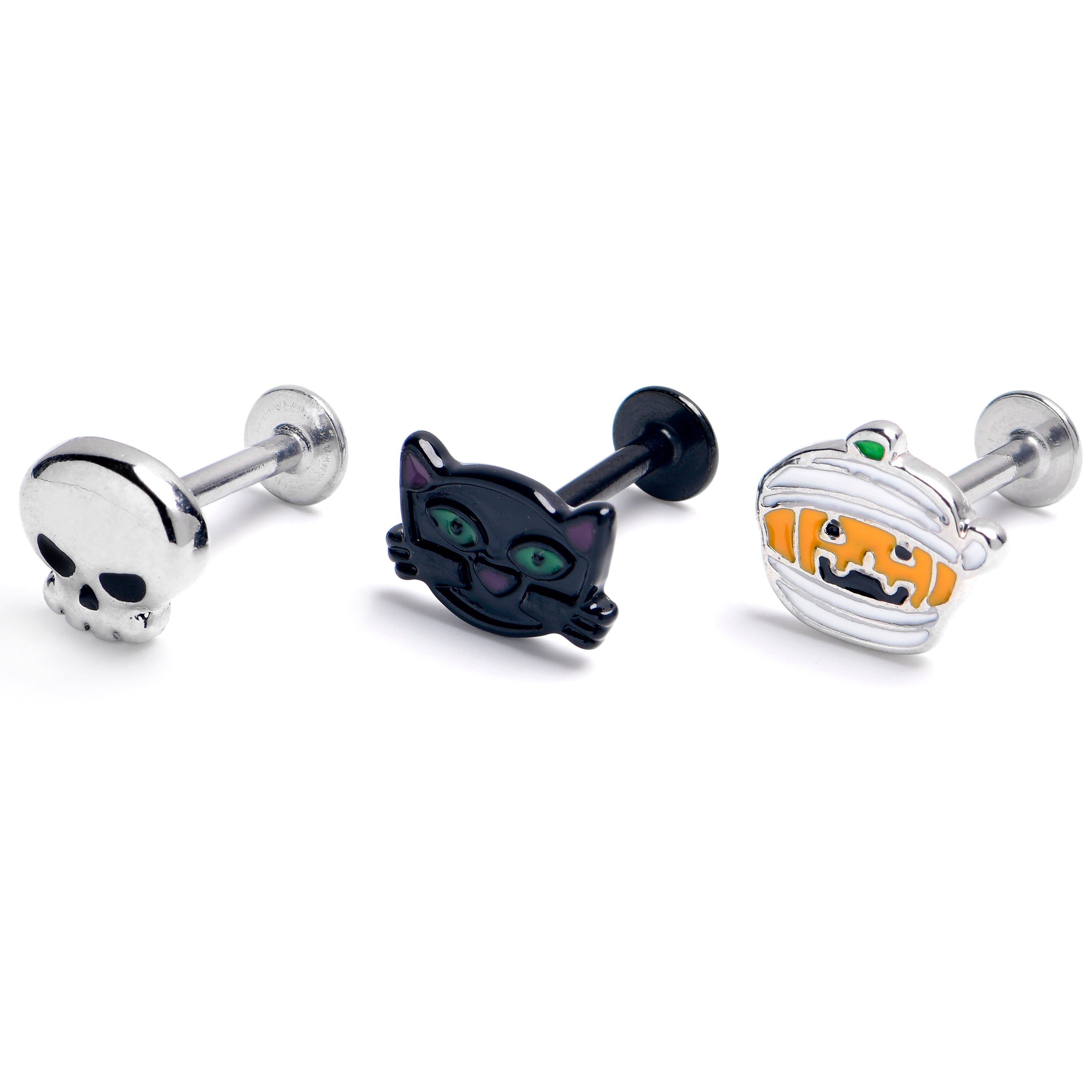 16G 5/16 Black Cat Skull Halloween Labret Monroe Tragus Set of3