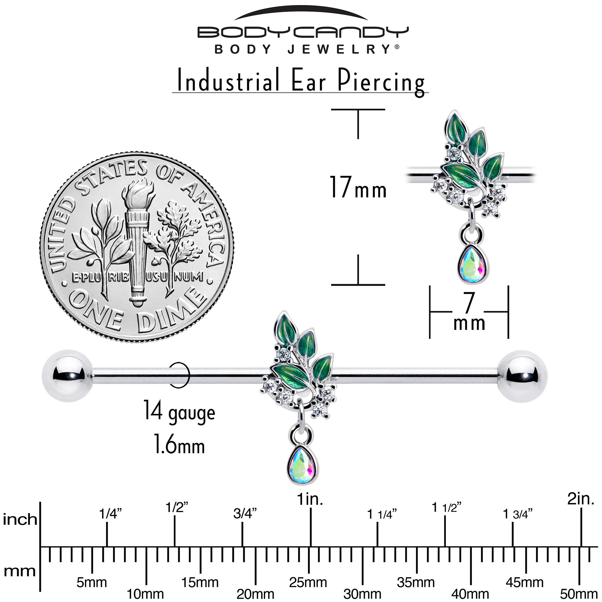 14G Aurora CZ Gem Morning Leaves Dangle Industrial Barbell 38mm
