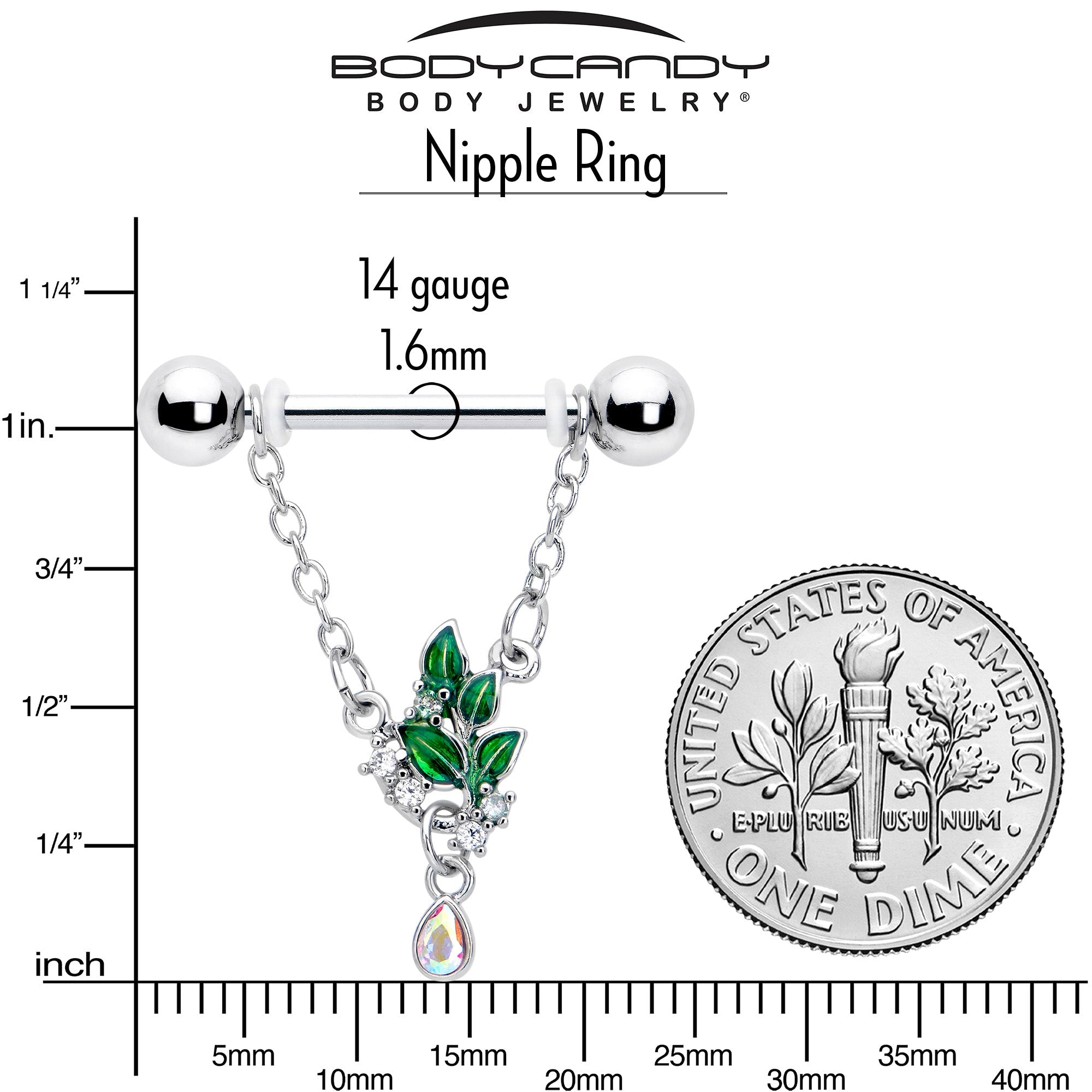 14G 9/16 Aurora CZ Gem Morning Leaves Chain Dangle Nipple Ring Set