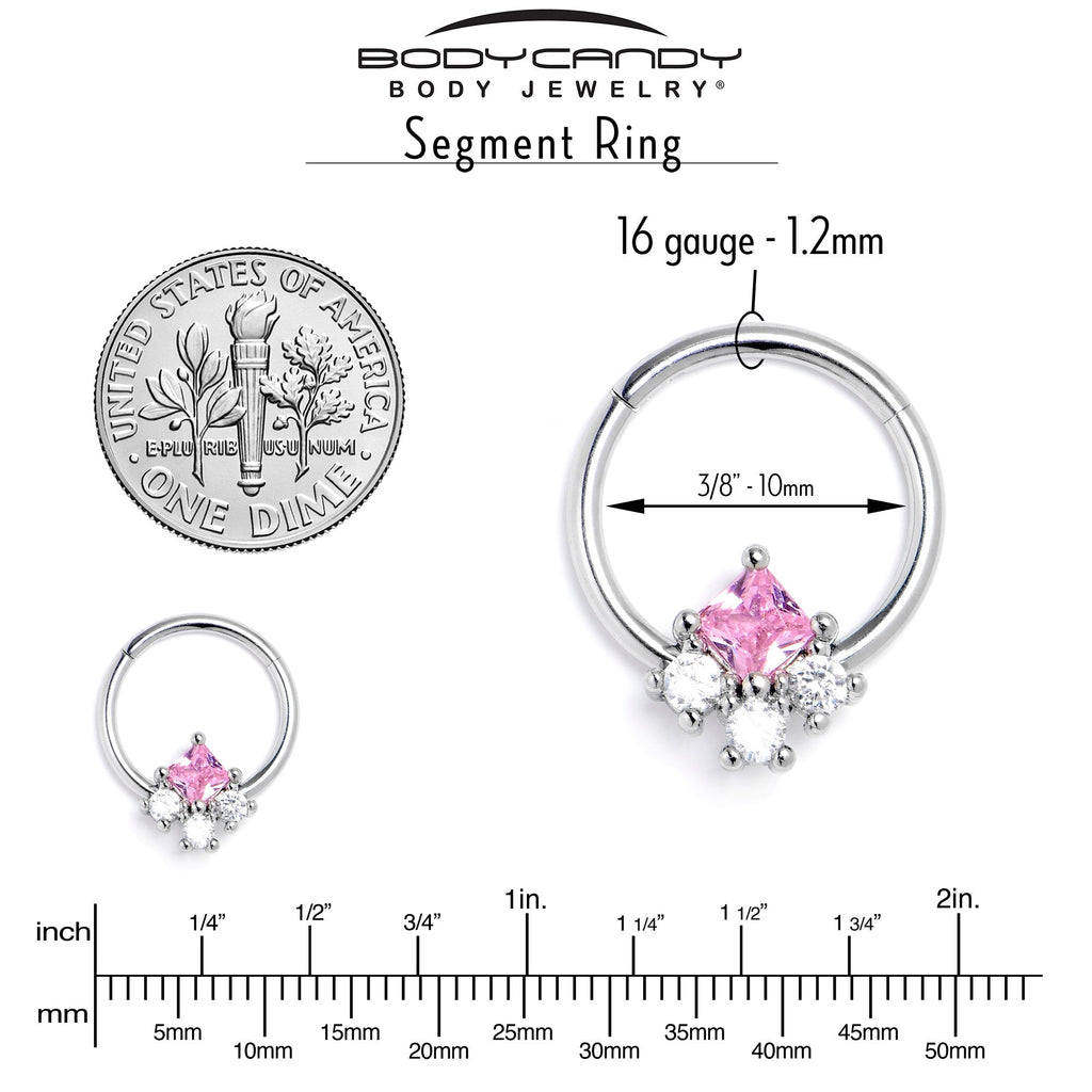 16G 3/8 Pink Clear CZ Gem Rhombus Riot Hinged Segment Ring
