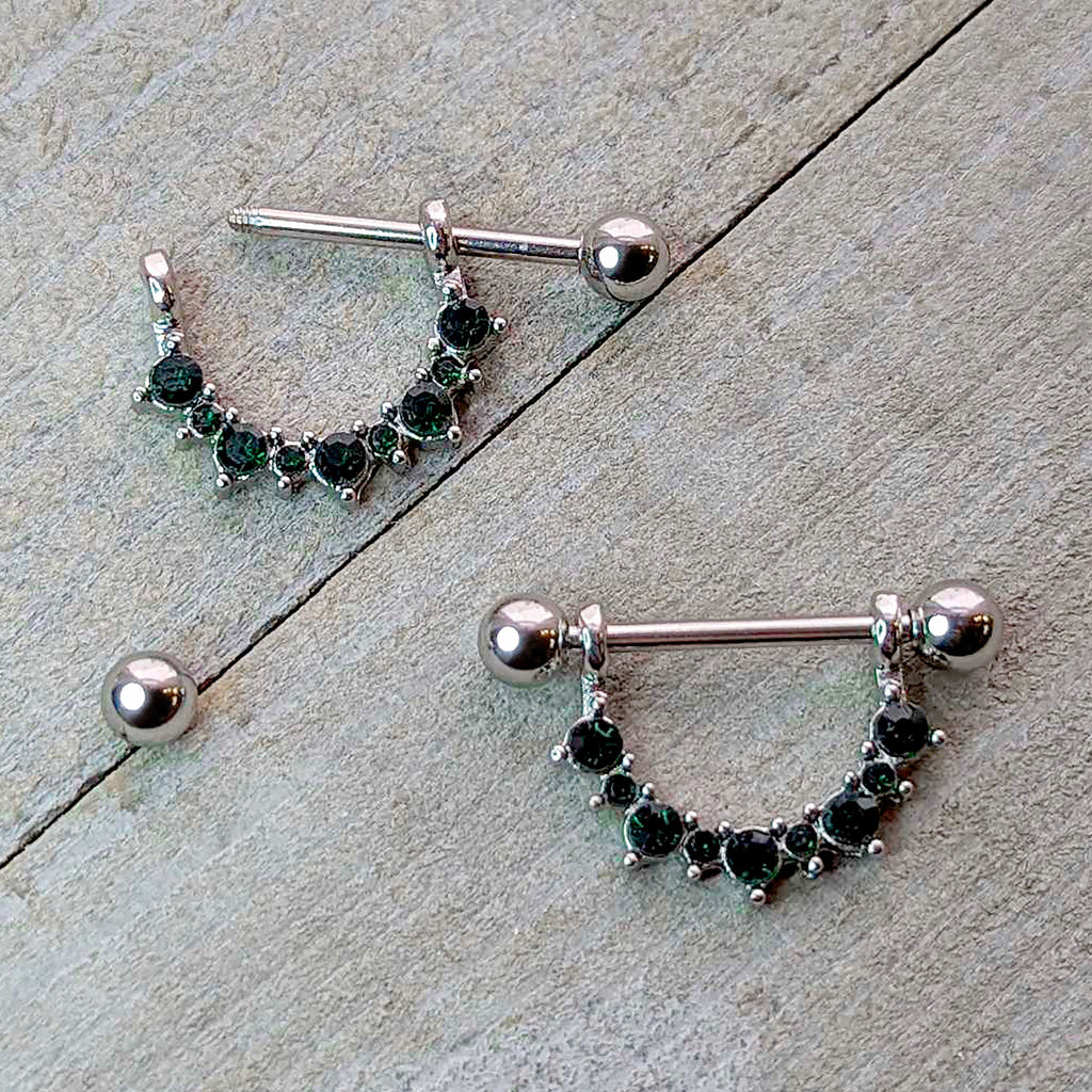 14G 9/16 Green CZ Gem May Birthstone Dangle Nipple Shield Set