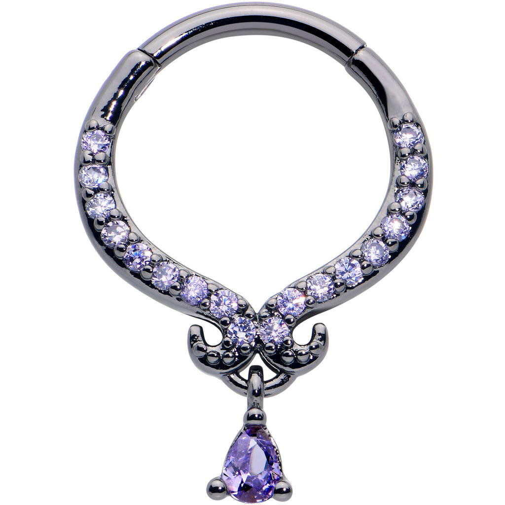16G 3/8 Purple CZ Gem Black Elegant Curves Dangle Hinged Segment Ring
