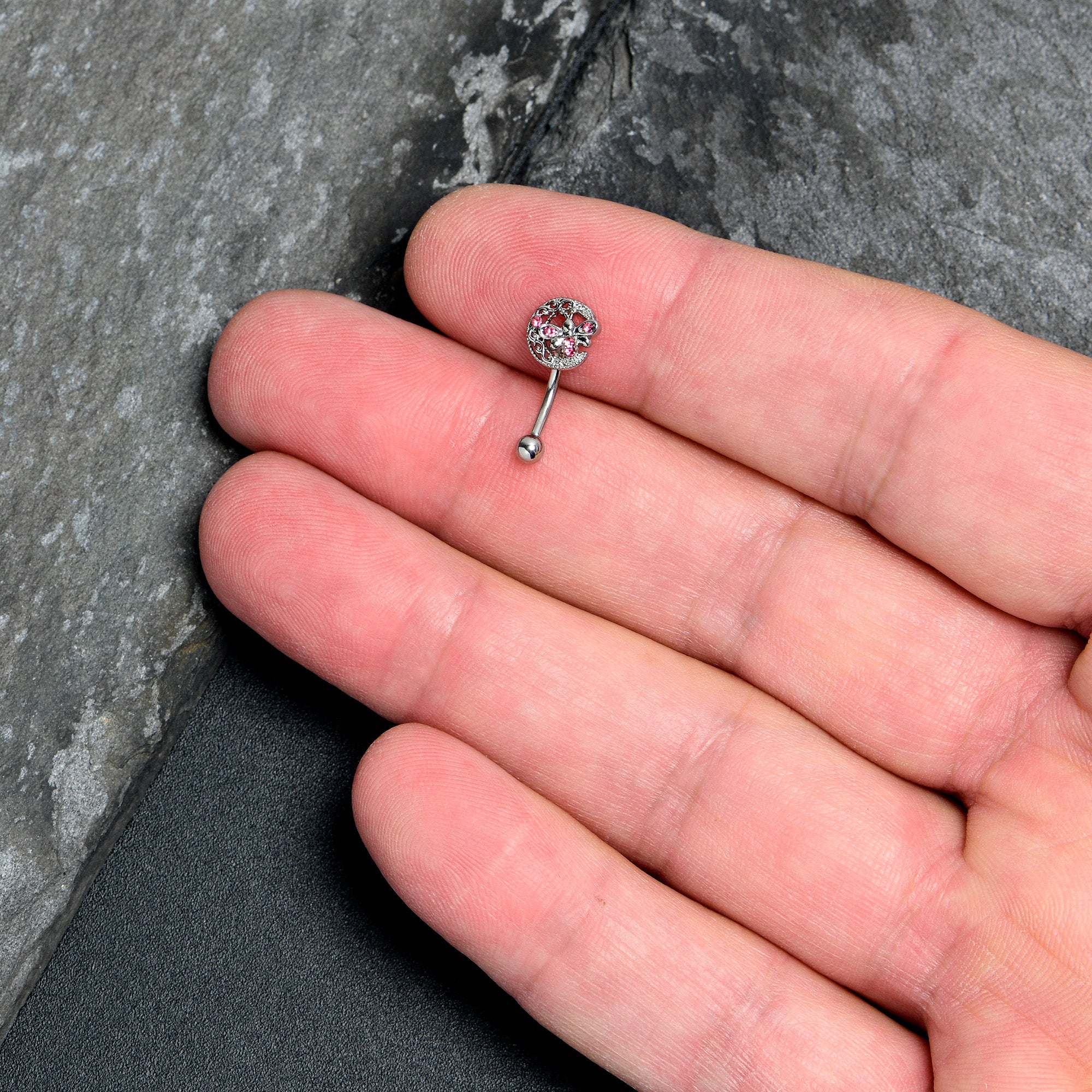 16G 5/16 Pink Gem Lunar Dragonfly Curved Eyebrow Ring