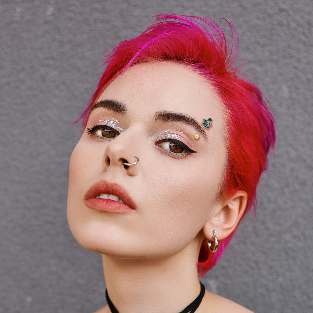 16G 5/16 Blue Gem Gold Tone Sweet Sea Turtle Curved Eyebrow Ring