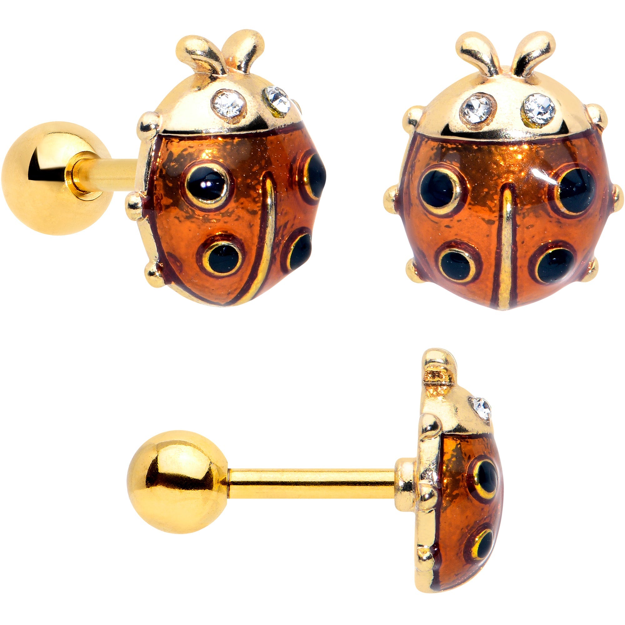 16G 1/4 Clear Gem Gold Tone Ladybug Lotus Cartilage Set of 3