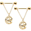 14G 3/4 Clear Gem Gold Tone Lunar Dragonfly Dangle Nipple Ring Set