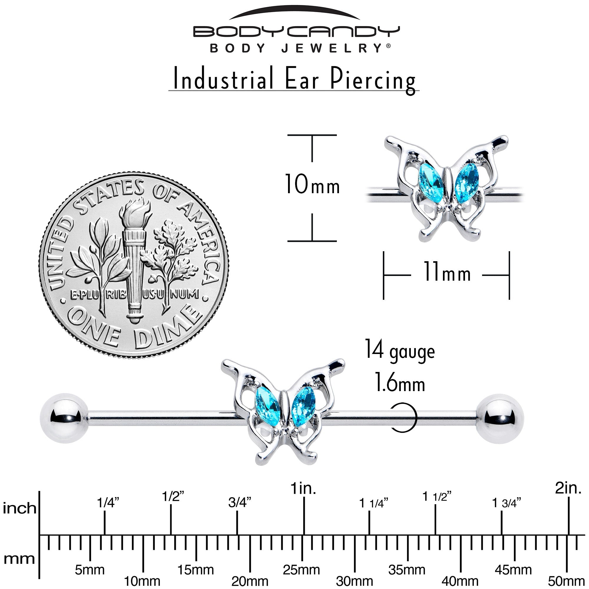 14G Blue Gem Fancy Fab Butterfly Industrial Barbell 38mm