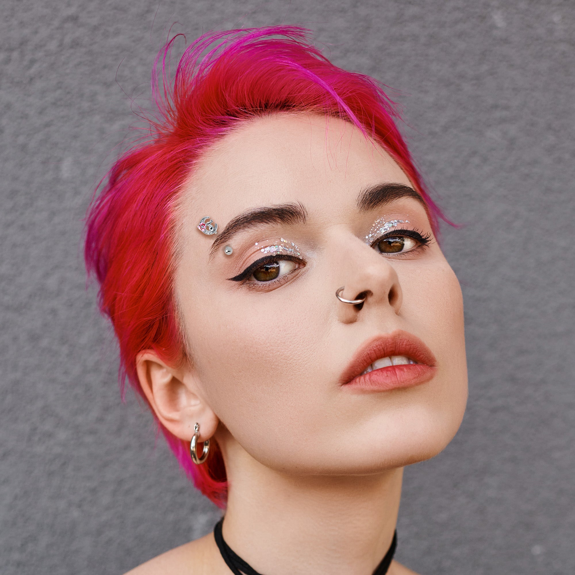 16G 5/16 Clear CZ Gem Rabbit On The Moon Pink Curved Eyebrow Ring