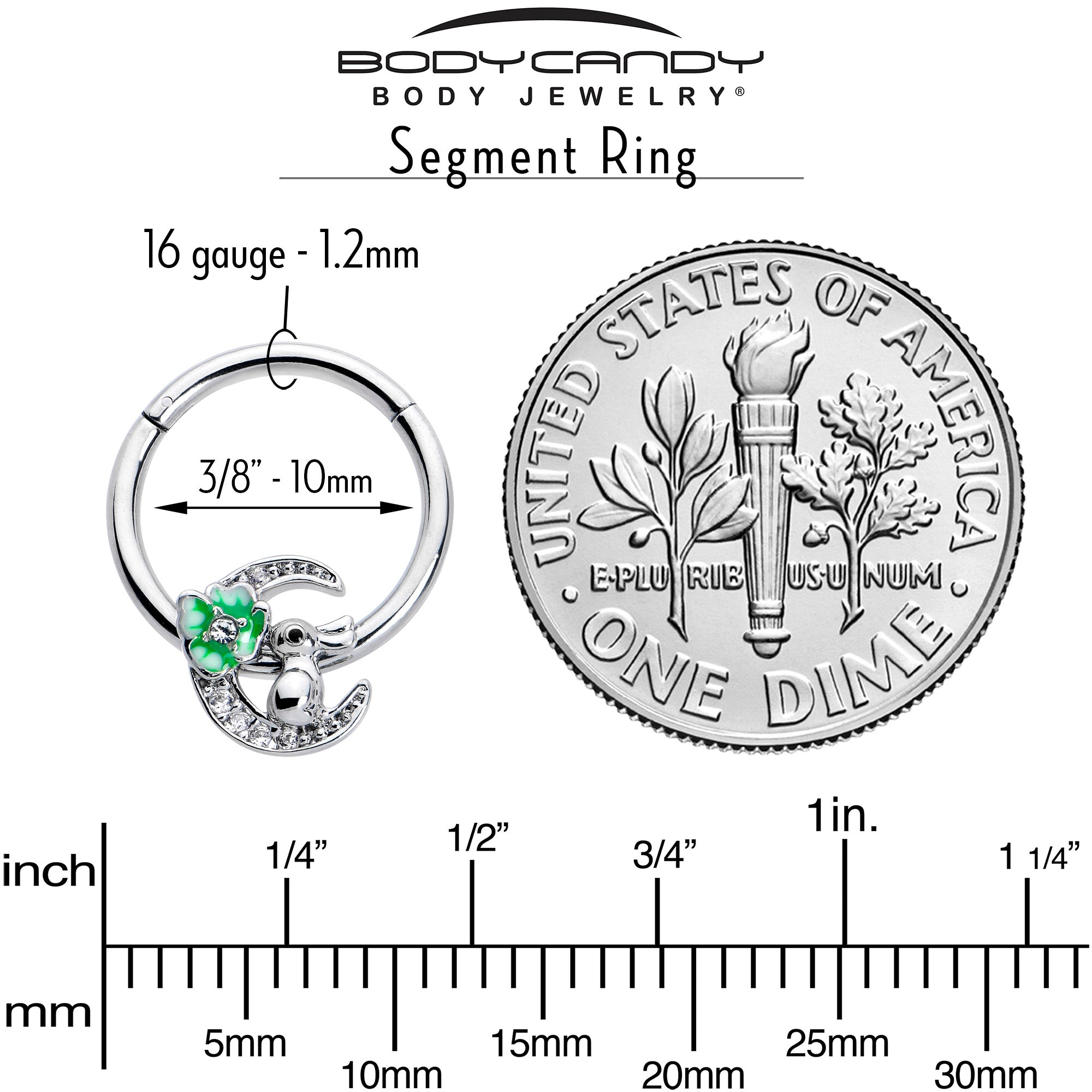 16G 3/8 Clear CZ Gem Rabbit On The Moon Green Hinged Segment Ring