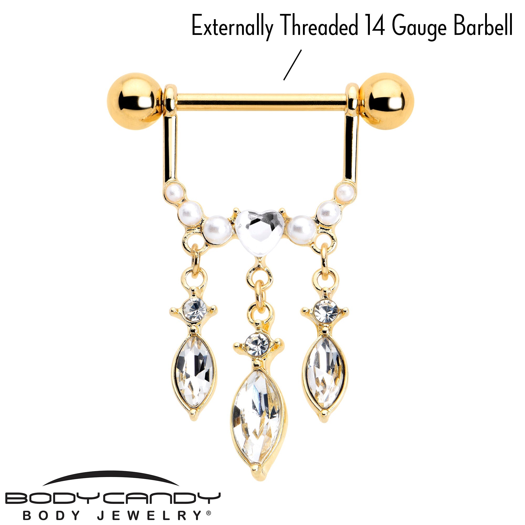 14G 9/16 Clear Gem Gold Tone Heart Triple Dangle Nipple Ring Set