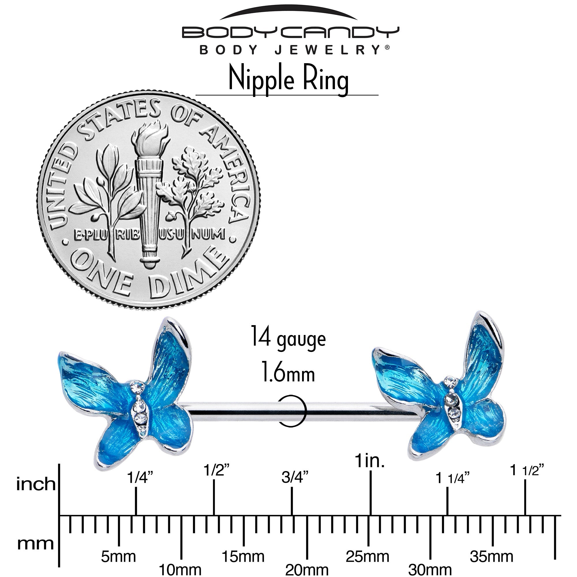 14G 9/16 Clear Gem Chunky Butterfly Blue Barbell Nipple Ring Set