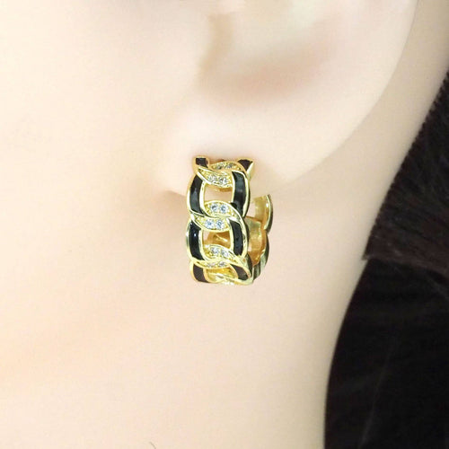 Enamel Gold Cuban Link Hoop Earrings, Sku#Y785