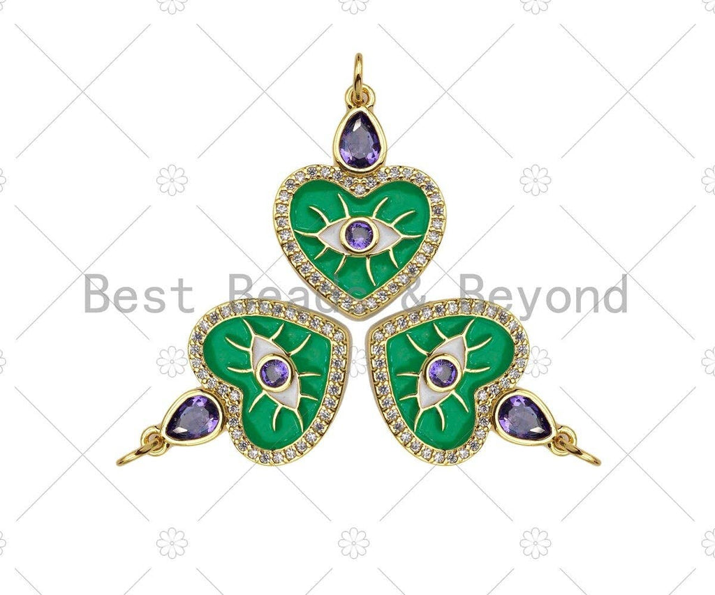 Whtie Evil Eye with Purple CZ On Green Enamel Heart Shape Pendant,CZ Micro Pave Enamel Pendant,Enamel Jewelry,23x17mm,Sku#Y422