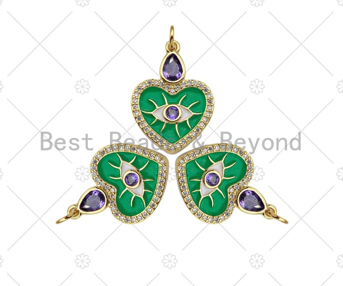 Whtie Evil Eye with Purple CZ On Green Enamel Heart Shape Pendant,CZ Micro Pave Enamel Pendant,Enamel Jewelry,23x17mm,Sku#Y422