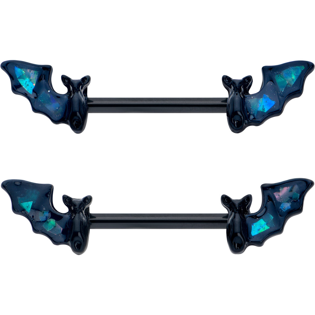 14G 9/16 Black Bats in Blue Barbell Nipple Ring Set