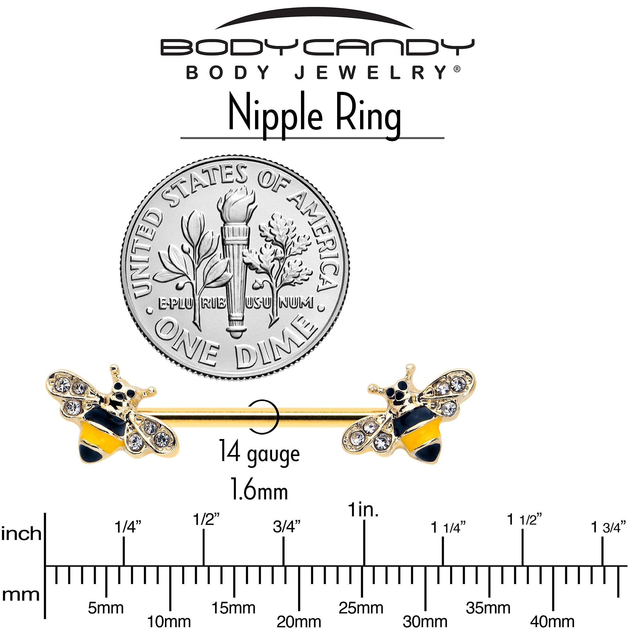 14G 3/4 Clear CZ Gem Gold Tone Bee Luv Barbell Nipple Ring Set