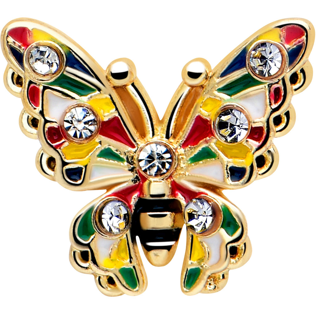 16G 1/4 Clear Gem Gold Tone Color Block Butterfly Labret
