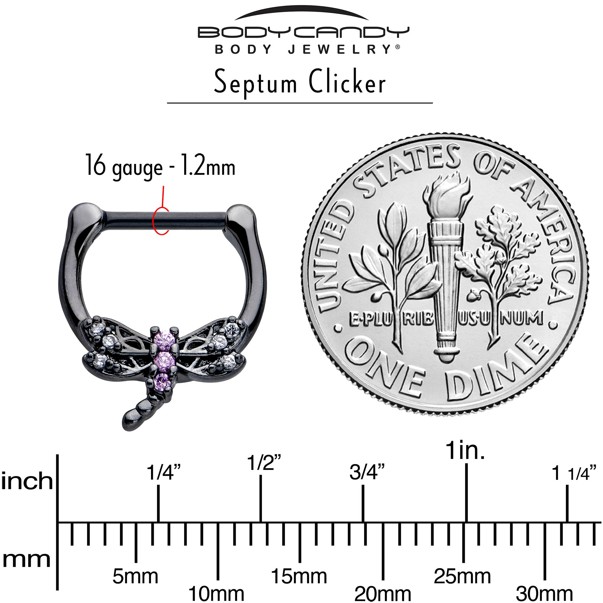 16G 5/16 Purple CZ Gem Black Night Dragonfly Cartilage Clicker