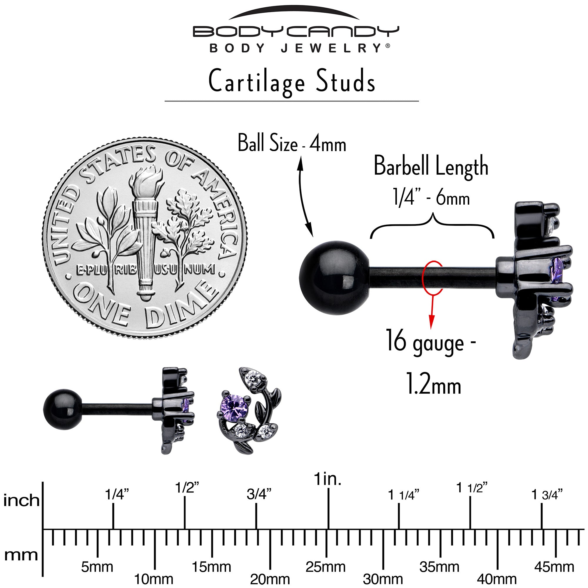 16G 1/4 Purple CZ Gem Black Twining Vine Cartilage Tragus Earring